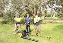 Battery-powered outdoor tools in use