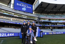 Huge tally raised to FightMND Group photo of people at the FightMND fundraising tally.